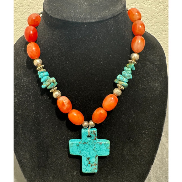 Solid Turquoise Cross Necklace Coral and Sterling Nuggets Heishi Beads 22" 114 g - Picture 2 of 13